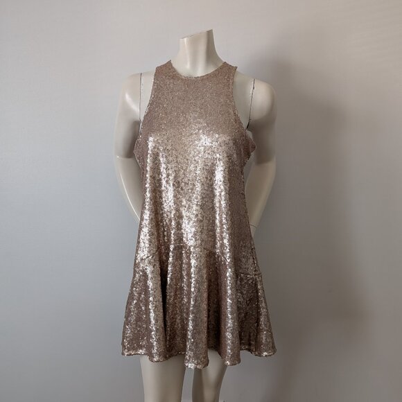 Free People - "Liquid Shine" Gold Sequin Drop Waist Mini Dress - Size S - Picture 1 of 7